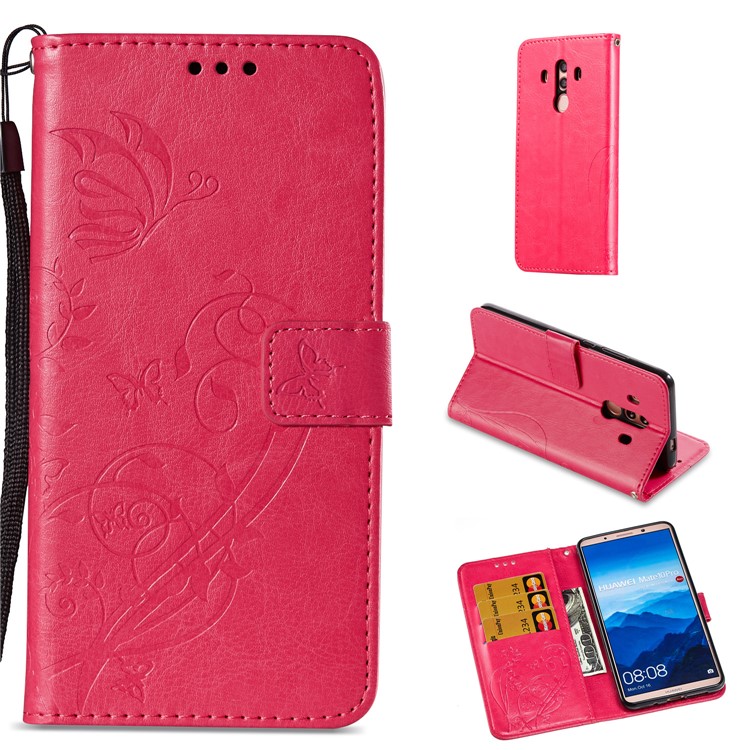 Imprint Butterfly Flowers PU Leather Wallet Stand Mobile Shell for Huawei Mate 10 Pro - Rose-1