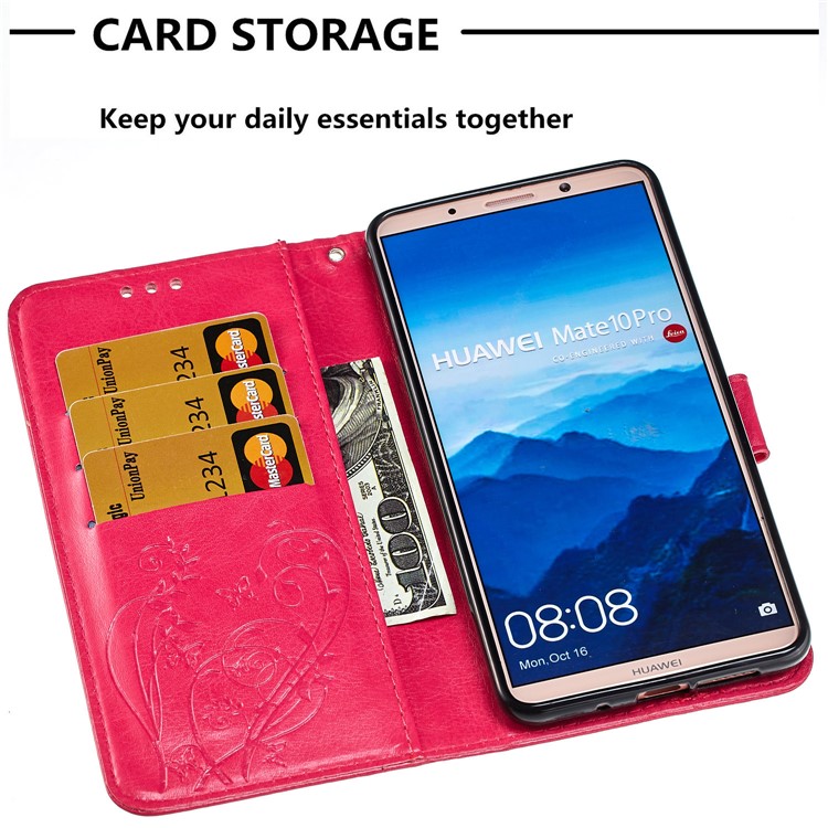 Imprint Butterfly Flowers PU Leather Wallet Stand Mobile Shell for Huawei Mate 10 Pro - Rose-5