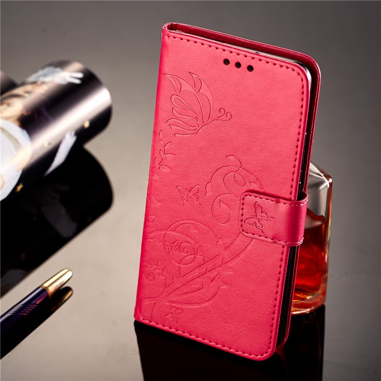 Imprint Butterfly Flowers PU Leather Wallet Stand Mobile Shell for Huawei Mate 10 Pro - Rose-7