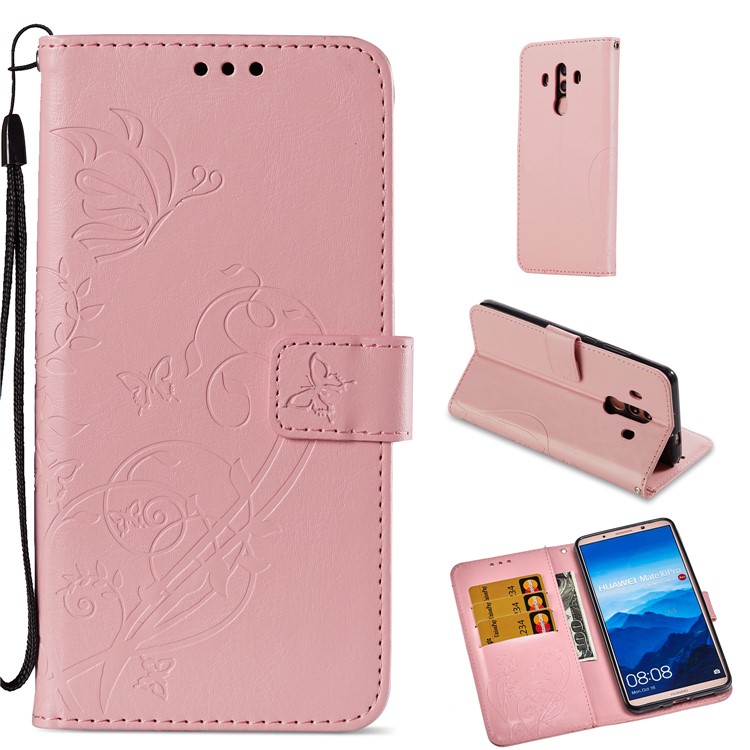 Imprint Butterfly Flowers PU Leather Wallet Stand Phone Case for Huawei Mate 10 Pro - Pink-1