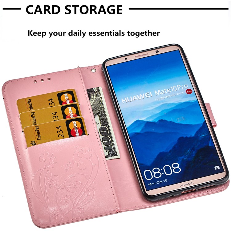 Imprint Butterfly Flowers PU Leather Wallet Stand Phone Case for Huawei Mate 10 Pro - Pink-5