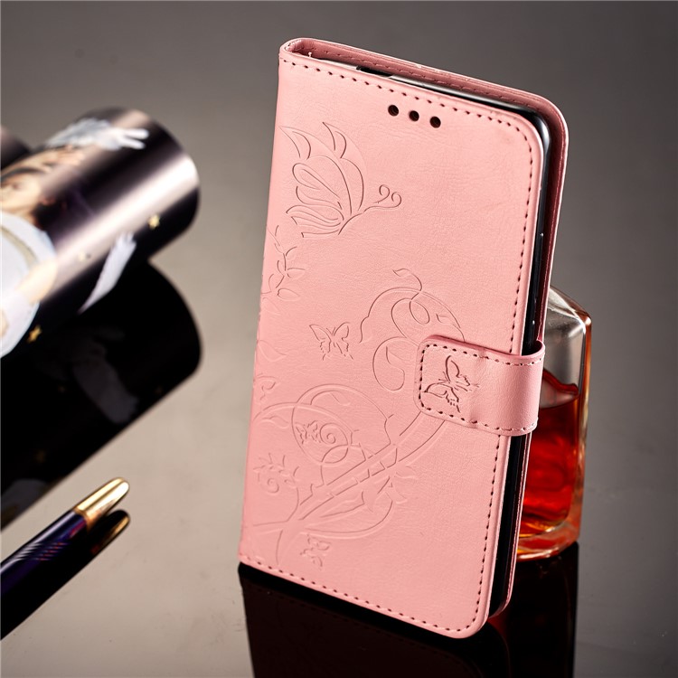 Imprint Butterfly Flowers PU Leather Wallet Stand Phone Case for Huawei Mate 10 Pro - Pink-7