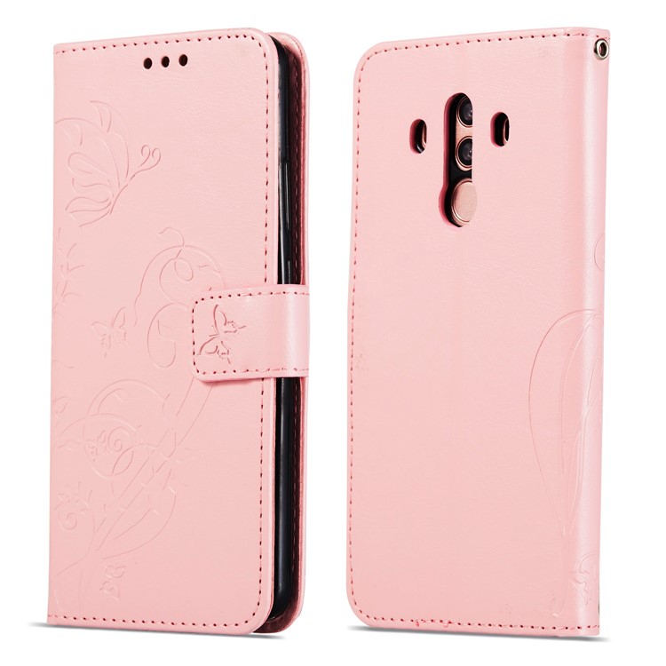Imprint Butterfly Flowers PU Leather Wallet Stand Phone Case for Huawei Mate 10 Pro - Pink-8