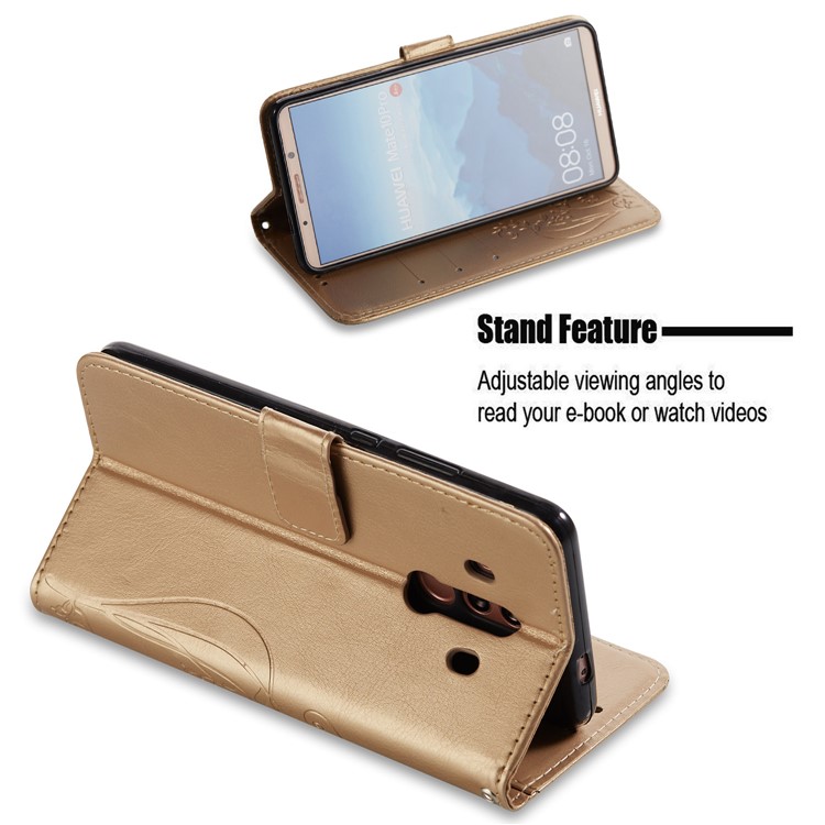 Imprint Butterfly Flowers PU Leather Wallet Stand Cellphone Cover for Huawei Mate 10 Pro - Gold-3