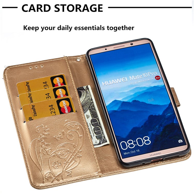 Imprint Butterfly Flowers PU Leather Wallet Stand Cellphone Cover for Huawei Mate 10 Pro - Gold-5