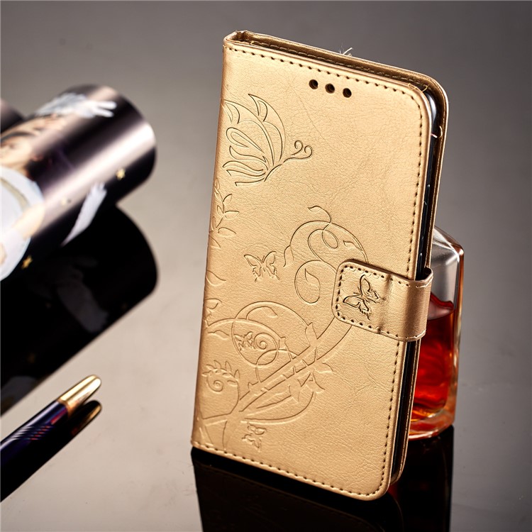 Imprint Butterfly Flowers PU Leather Wallet Stand Cellphone Cover for Huawei Mate 10 Pro - Gold-7
