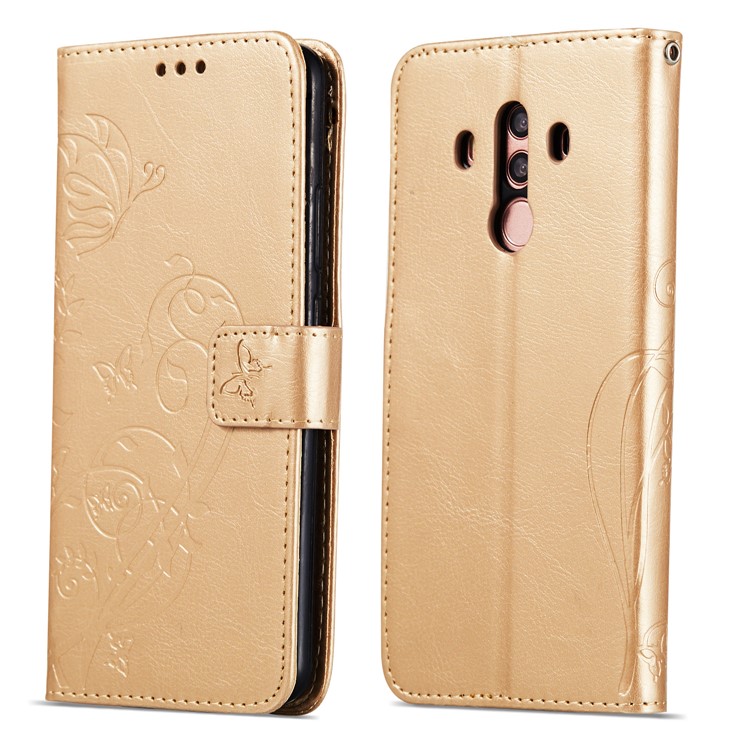 Imprint Butterfly Flowers PU Leather Wallet Stand Cellphone Cover for Huawei Mate 10 Pro - Gold-8