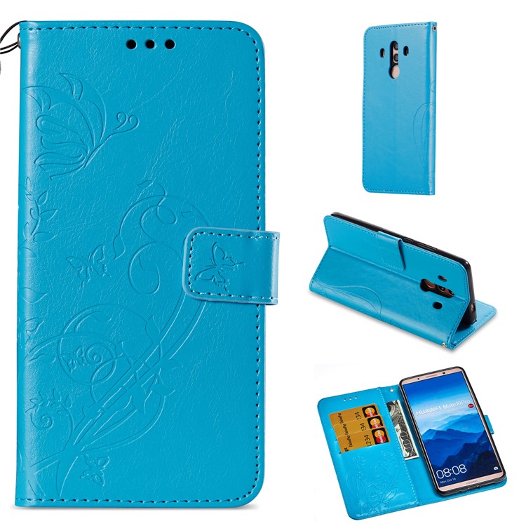 Imprint Butterfly Flowers PU Leather Wallet Stand Phone Accessory Case for Huawei Mate 10 Pro - Blue-1