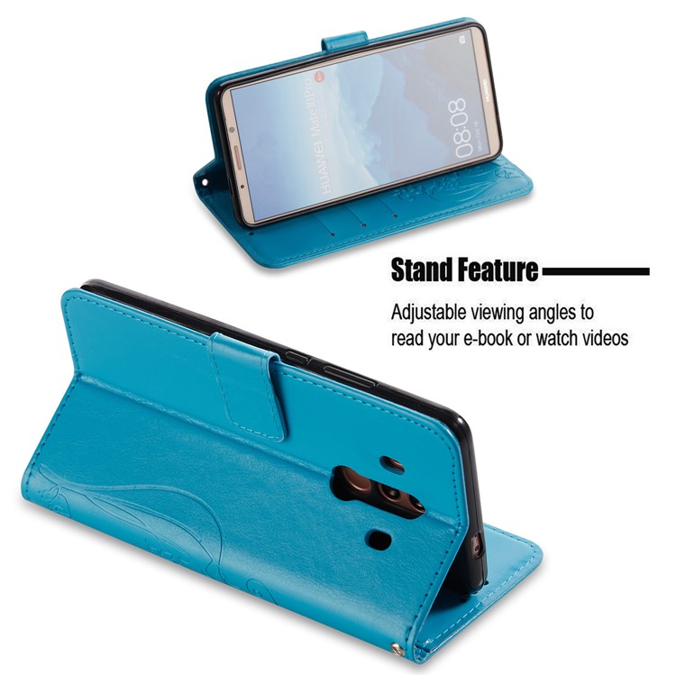 Imprint Butterfly Flowers PU Leather Wallet Stand Phone Accessory Case for Huawei Mate 10 Pro - Blue-3