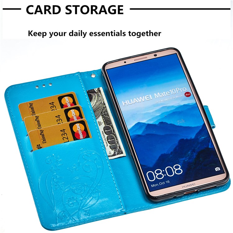 Imprint Butterfly Flowers PU Leather Wallet Stand Phone Accessory Case for Huawei Mate 10 Pro - Blue-5