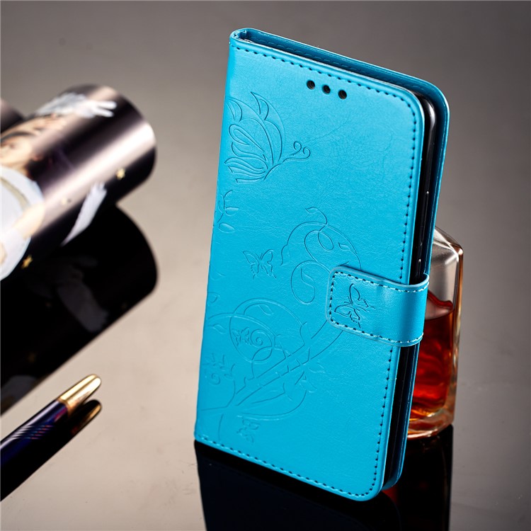 Imprint Butterfly Flowers PU Leather Wallet Stand Phone Accessory Case for Huawei Mate 10 Pro - Blue-7