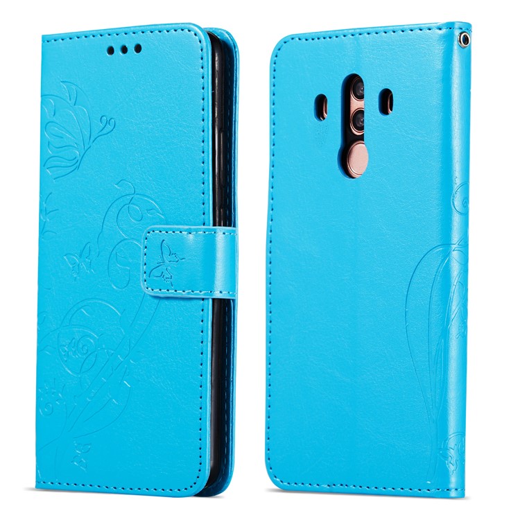 Imprint Butterfly Flowers PU Leather Wallet Stand Phone Accessory Case for Huawei Mate 10 Pro - Blue-8