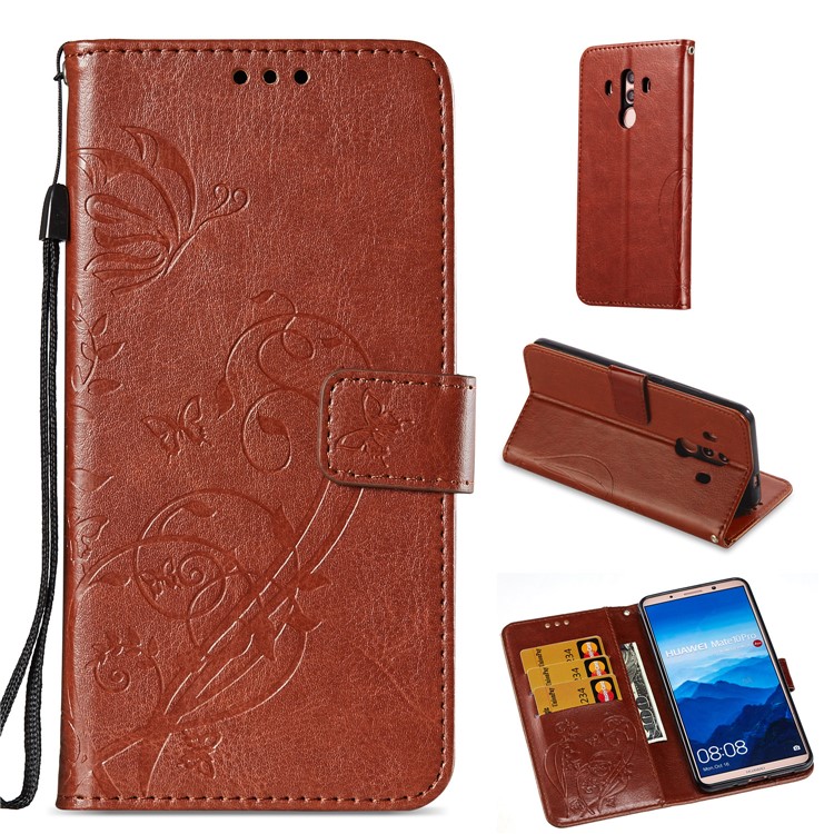 Imprint Butterfly Flowers PU Leather Wallet Stand Phone Accessory Shell for Huawei Mate 10 Pro - Brown-1