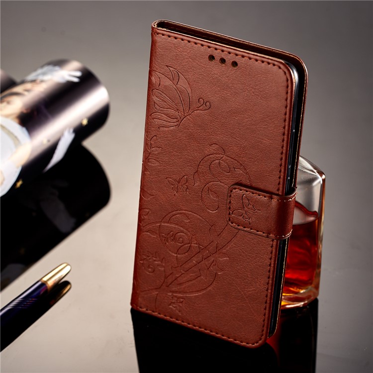 Imprint Butterfly Flowers PU Leather Wallet Stand Phone Accessory Shell for Huawei Mate 10 Pro - Brown-7