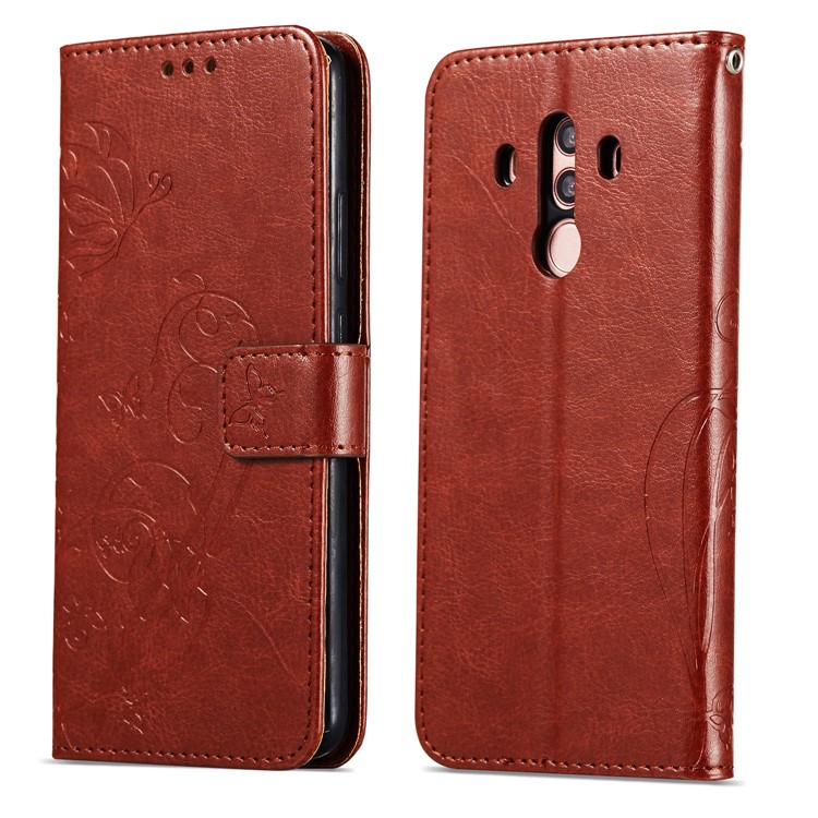 Imprint Butterfly Flowers PU Leather Wallet Stand Phone Accessory Shell for Huawei Mate 10 Pro - Brown-8