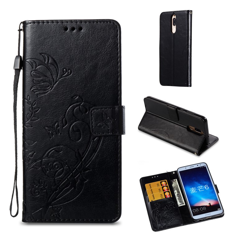Imprint Butterfly Flowers PU Leather Wallet Stand Case for Huawei Mate 10 Lite / nova 2i / Maimang 6 / Honor 9i (India) - Black-1