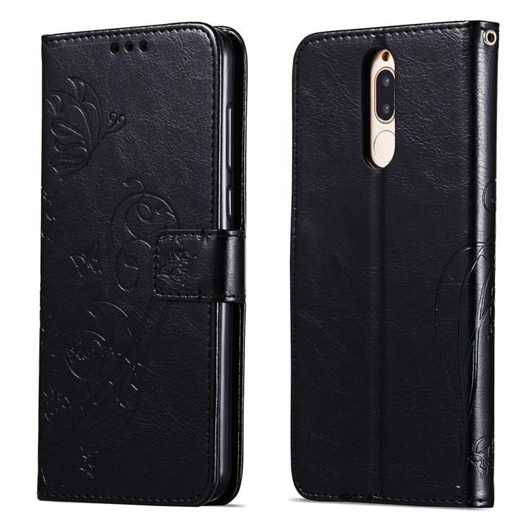 Imprint Butterfly Flowers PU Leather Wallet Stand Case for Huawei Mate 10 Lite / nova 2i / Maimang 6 / Honor 9i (India) - Black-8