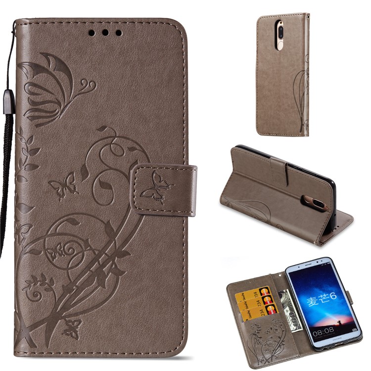 Imprint Butterfly Flowers PU Leather Wallet Stand Cover for Huawei Mate 10 Lite / nova 2i / Maimang 6 / Honor 9i (India) - Grey-1