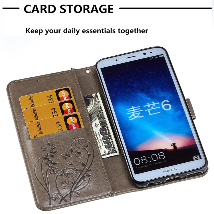 Imprint Butterfly Flowers PU Leather Wallet Stand Cover for Huawei Mate 10 Lite / nova 2i / Maimang 6 / Honor 9i (India) - Grey-5