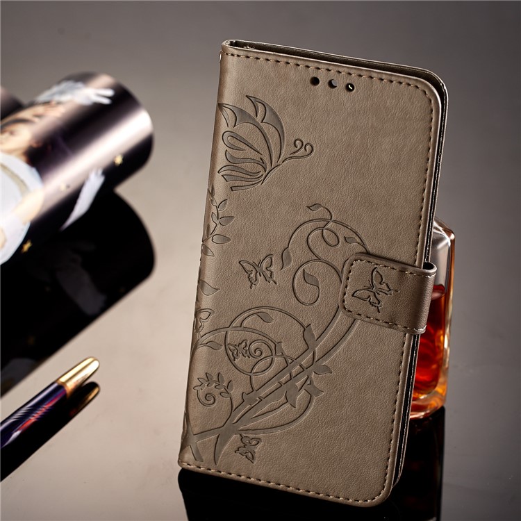 Imprint Butterfly Flowers PU Leather Wallet Stand Cover for Huawei Mate 10 Lite / nova 2i / Maimang 6 / Honor 9i (India) - Grey-7