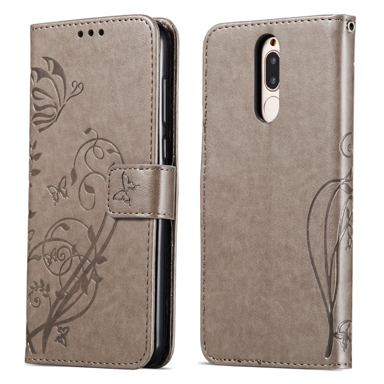 Imprint Butterfly Flowers PU Leather Wallet Stand Cover for Huawei Mate 10 Lite / nova 2i / Maimang 6 / Honor 9i (India) - Grey-8