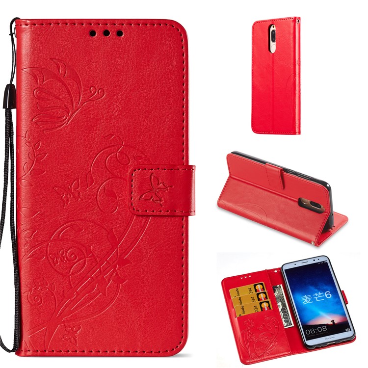 Imprint Butterfly Flowers PU Leather Wallet Stand Case Cover for Huawei Mate 10 Lite / nova 2i / Maimang 6 / Honor 9i (India) - Red-1