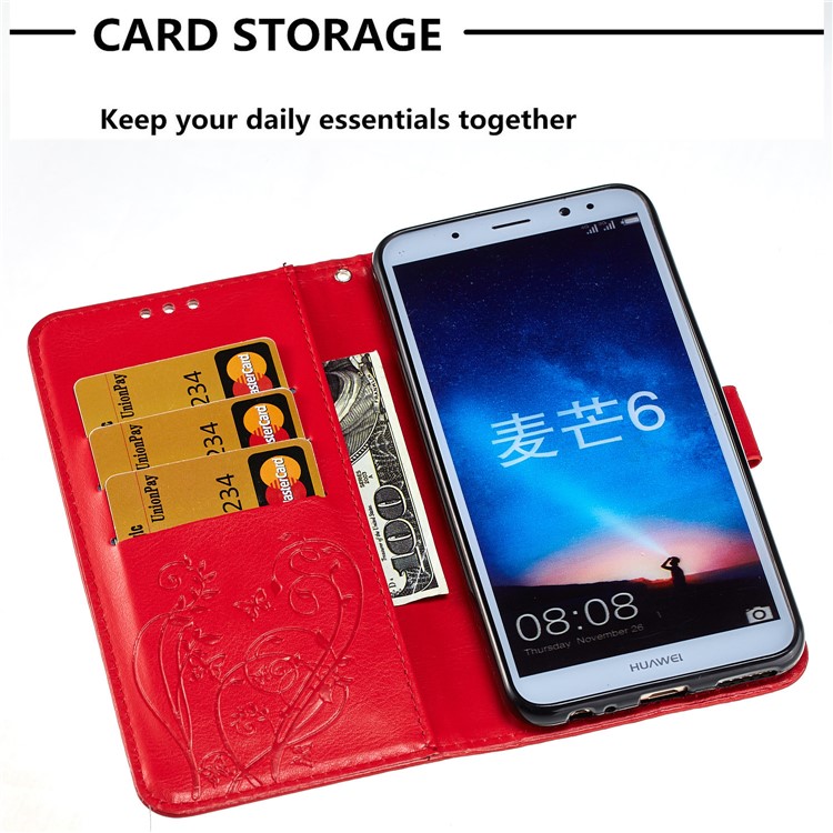 Imprint Butterfly Flowers PU Leather Wallet Stand Case Cover for Huawei Mate 10 Lite / nova 2i / Maimang 6 / Honor 9i (India) - Red-5