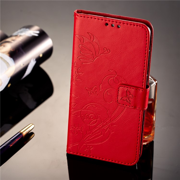 Imprint Butterfly Flowers PU Leather Wallet Stand Case Cover for Huawei Mate 10 Lite / nova 2i / Maimang 6 / Honor 9i (India) - Red-7