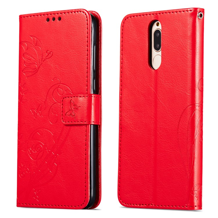 Imprint Butterfly Flowers PU Leather Wallet Stand Case Cover for Huawei Mate 10 Lite / nova 2i / Maimang 6 / Honor 9i (India) - Red-8