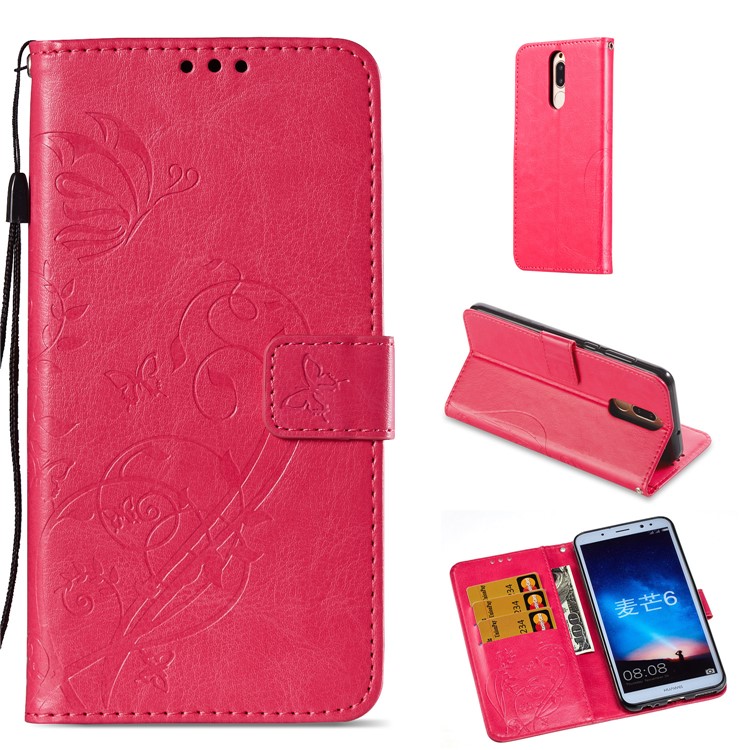 Imprint Butterfly Flowers PU Leather Wallet Stand Shell for Huawei Mate 10 Lite / nova 2i / Maimang 6 / Honor 9i (India) - Rose-1