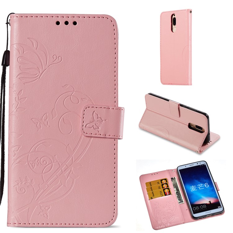 Imprint Butterfly Flowers PU Leather Wallet Stand Accessory Case for Huawei Mate 10 Lite / nova 2i / Maimang 6 / Honor 9i (India) - Pink-1