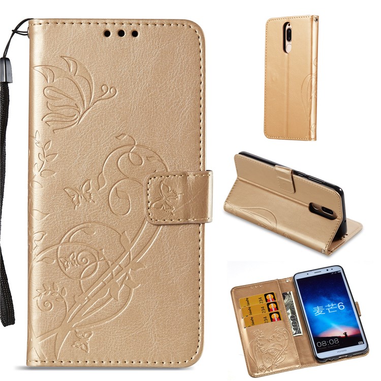 Imprint Butterfly Flowers PU Leather Wallet Stand Cellphone Case for Huawei Mate 10 Lite / nova 2i / Maimang 6 / Honor 9i (India) - Gold-1