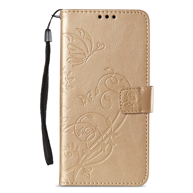 Imprint Butterfly Flowers PU Leather Wallet Stand Cellphone Case for Huawei Mate 10 Lite / nova 2i / Maimang 6 / Honor 9i (India) - Gold-2