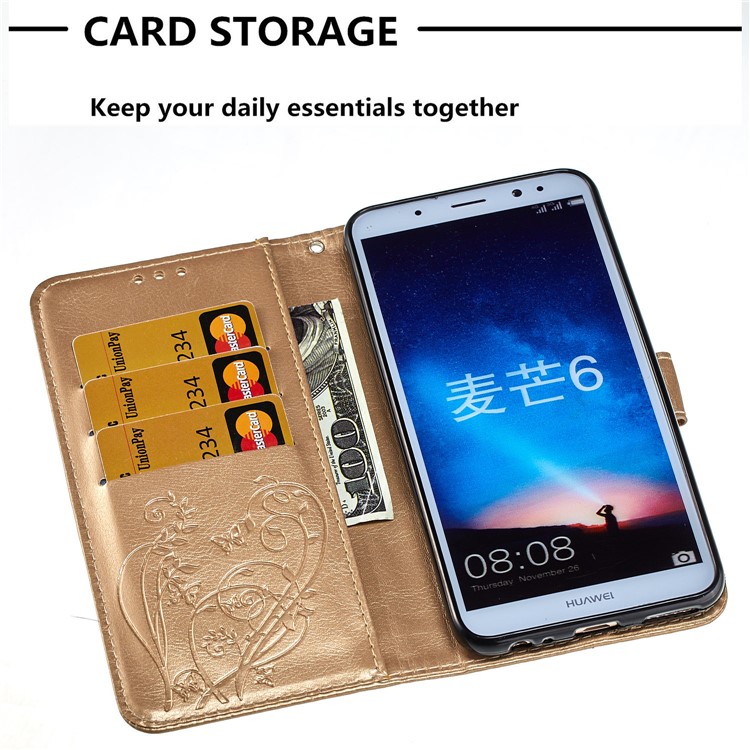 Imprint Butterfly Flowers PU Leather Wallet Stand Cellphone Case for Huawei Mate 10 Lite / nova 2i / Maimang 6 / Honor 9i (India) - Gold-5