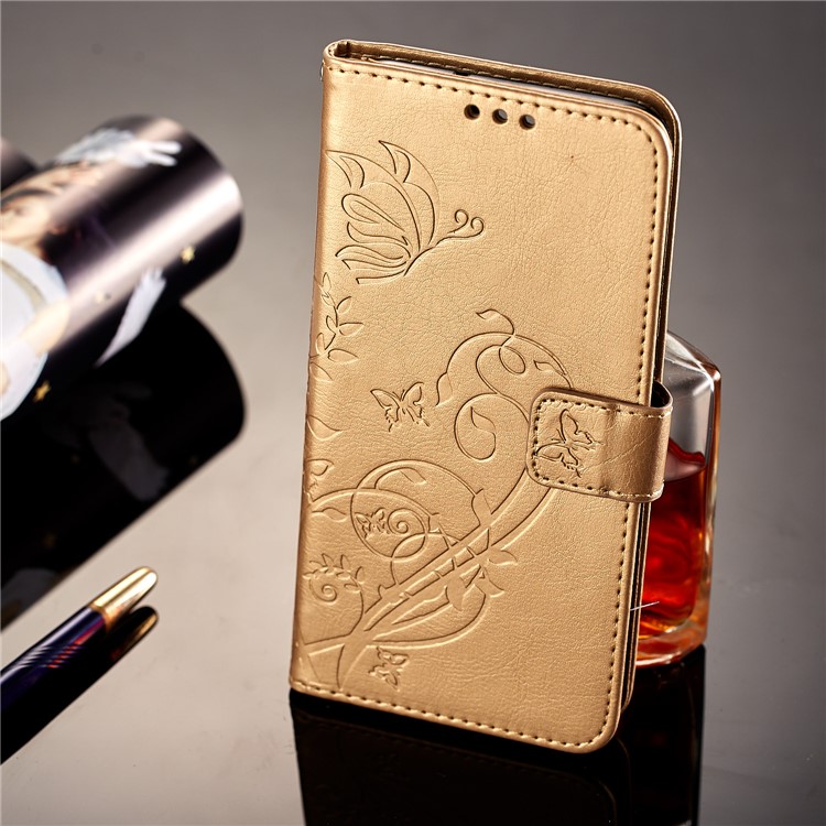 Imprint Butterfly Flowers PU Leather Wallet Stand Cellphone Case for Huawei Mate 10 Lite / nova 2i / Maimang 6 / Honor 9i (India) - Gold-7