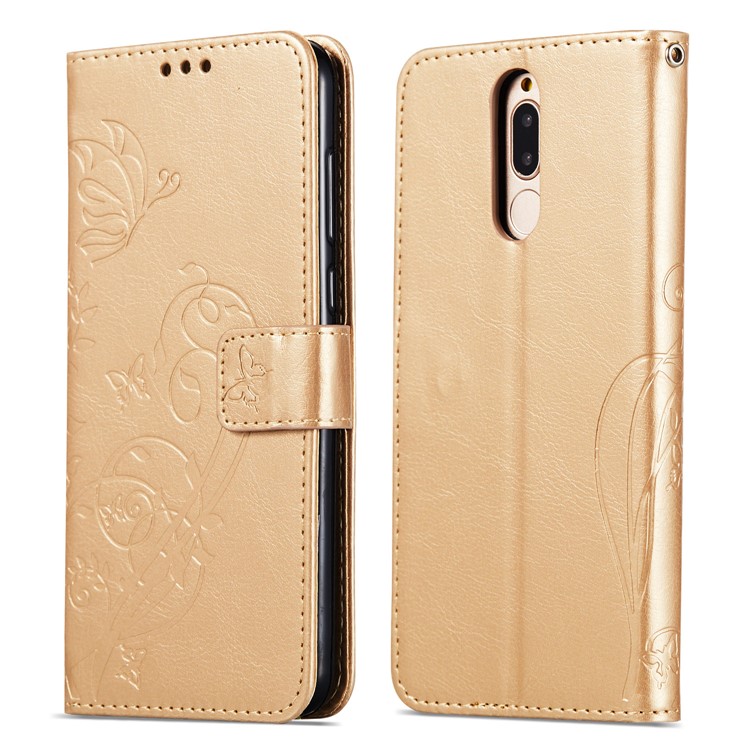 Imprint Butterfly Flowers PU Leather Wallet Stand Cellphone Case for Huawei Mate 10 Lite / nova 2i / Maimang 6 / Honor 9i (India) - Gold-8