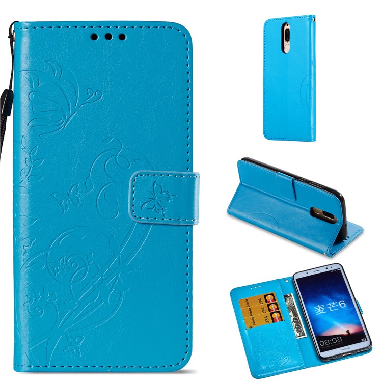 Imprint Butterfly Flowers PU Leather Wallet Stand Mobile Case for Huawei Mate 10 Lite / nova 2i / Maimang 6 / Honor 9i (India) - Blue-1