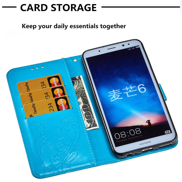 Imprint Butterfly Flowers PU Leather Wallet Stand Mobile Case for Huawei Mate 10 Lite / nova 2i / Maimang 6 / Honor 9i (India) - Blue-5