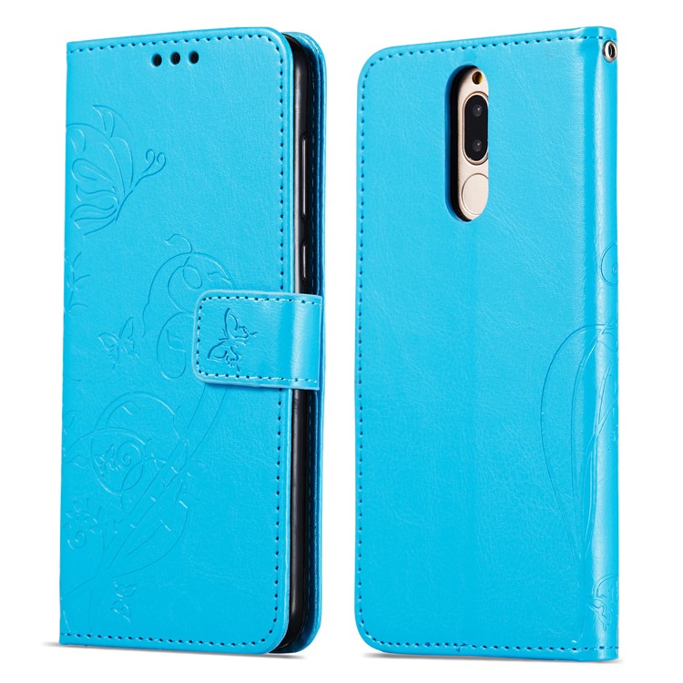 Imprint Butterfly Flowers PU Leather Wallet Stand Mobile Case for Huawei Mate 10 Lite / nova 2i / Maimang 6 / Honor 9i (India) - Blue-8