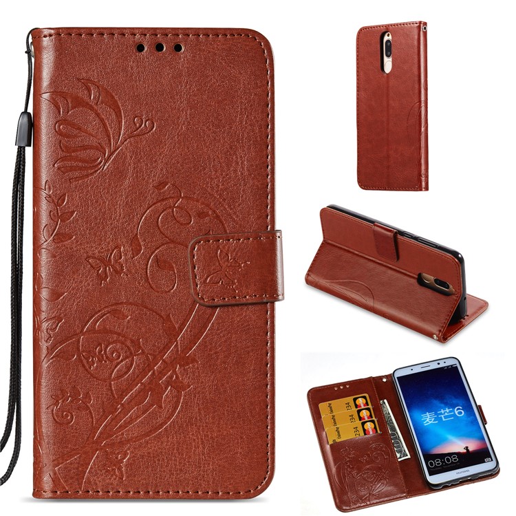 Imprint Butterfly Flowers PU Leather Wallet Stand Mobile Phone Cover for Huawei Mate 10 Lite / nova 2i / Maimang 6 / Honor 9i (India) - Brown-1