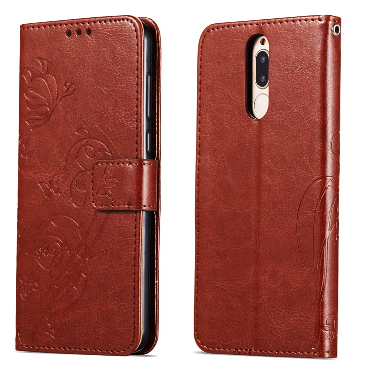 Imprint Butterfly Flowers PU Leather Wallet Stand Mobile Phone Cover for Huawei Mate 10 Lite / nova 2i / Maimang 6 / Honor 9i (India) - Brown-8