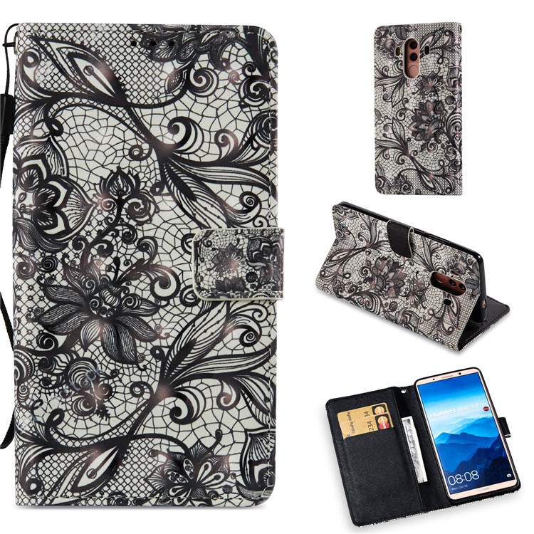 Pattern Printing Leather Wallet Cover for Huawei Mate 10 Pro - Black Flower-1