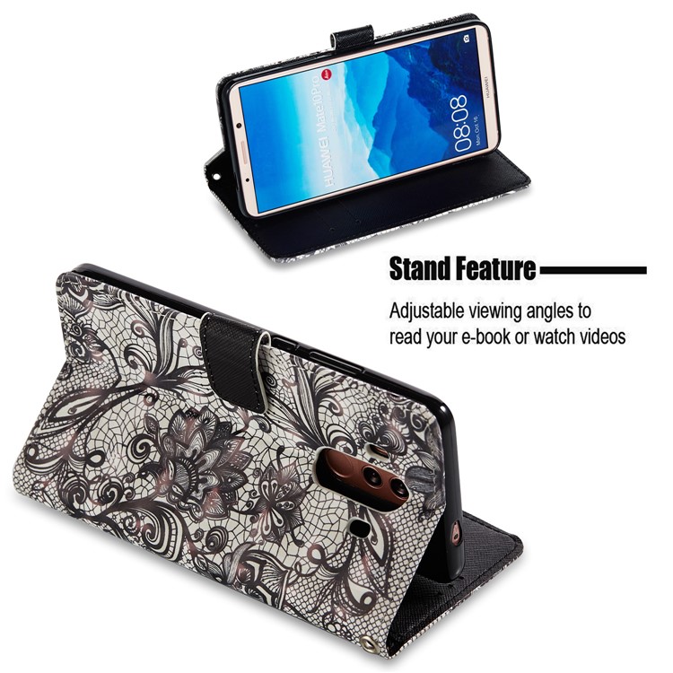Pattern Printing Leather Wallet Cover for Huawei Mate 10 Pro - Black Flower-2