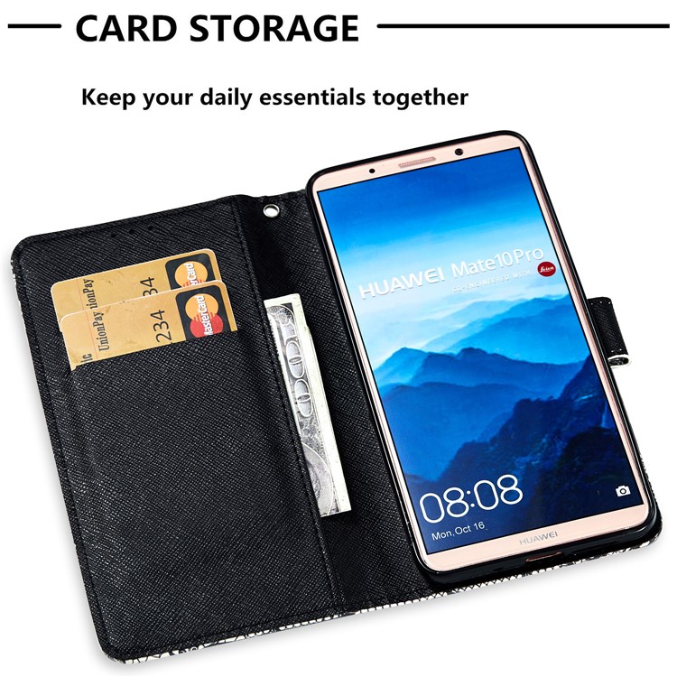 Pattern Printing Leather Wallet Cover for Huawei Mate 10 Pro - Black Flower-6