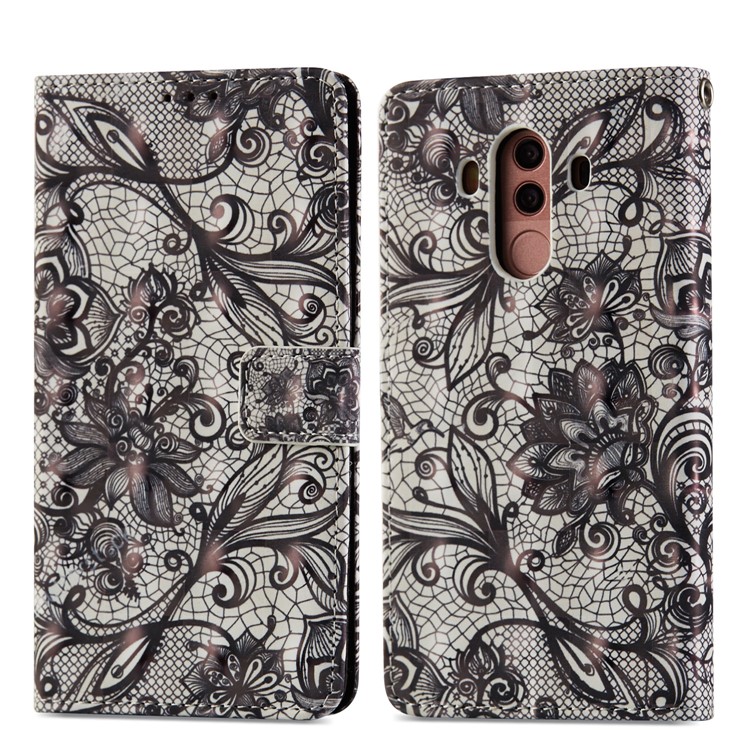 Pattern Printing Leather Wallet Cover for Huawei Mate 10 Pro - Black Flower-7
