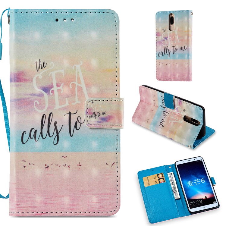 Pattern Printing Leather Wallet Phone Cover for Huawei Mate 10 Lite / nova 2i / Maimang 6 / Honor 9i (India) - Sea and Birds-1
