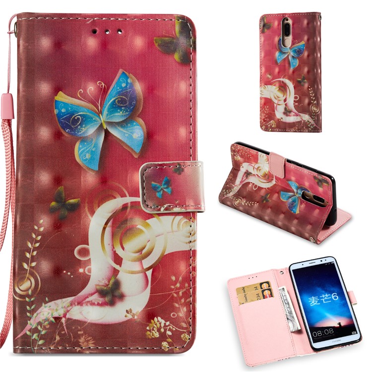 Pattern Printing Leather Wallet Case Phone Casing Cover for Huawei Mate 10 Lite / nova 2i / Maimang 6 / Honor 9i (India) - Butterfly Pattern-1