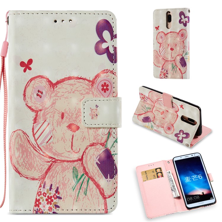 Pattern Printing Leather Wallet Case Phone Casing for Huawei Mate 10 Lite / nova 2i / Maimang 6 / Honor 9i (India) - Pink Bear-1