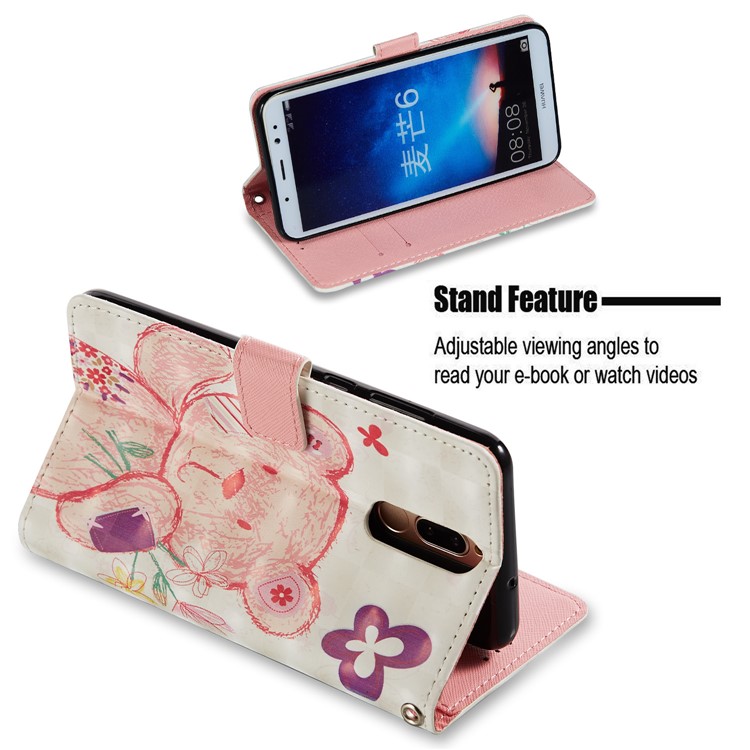 Pattern Printing Leather Wallet Case Phone Casing for Huawei Mate 10 Lite / nova 2i / Maimang 6 / Honor 9i (India) - Pink Bear-2