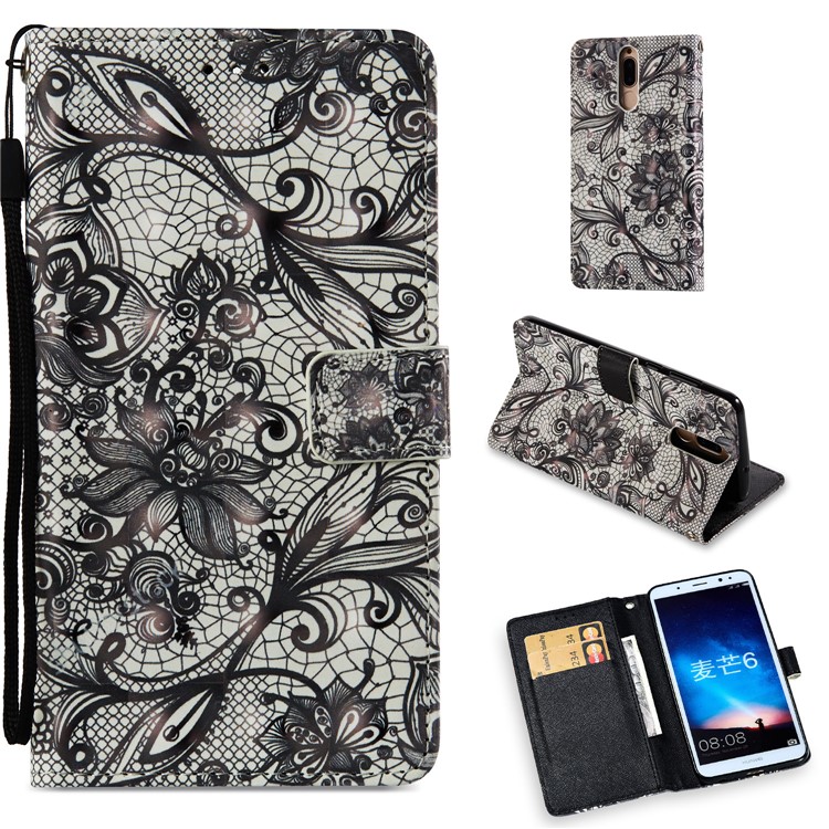 Pattern Printing Leather Wallet Case Phone Protection Case for Huawei Mate 10 Lite / nova 2i / Maimang 6 / Honor 9i (India) - Lace Pattern-1
